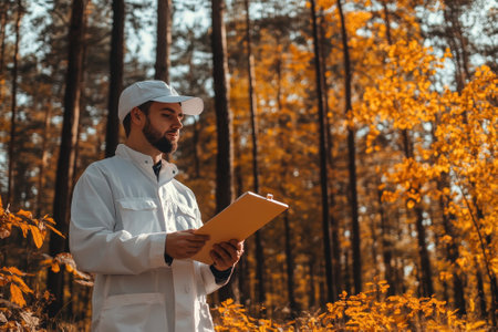 A man dressed in a white jacket stands in a forest filled with vibrant autumn foliage while reviewing notes.の写真素材
