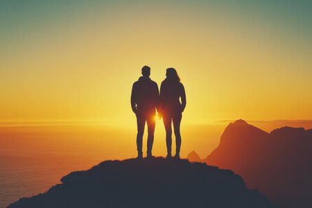 A couple stands silhouetted against a vibrant sunset, embracing the beautiful ocean view.の写真素材