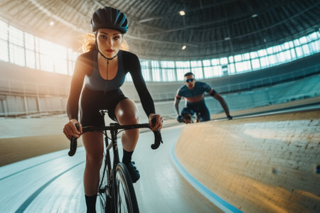 Two cyclists focus on their training, speeding around a velodrome track as the sun sets, highlighting their effort.の写真素材