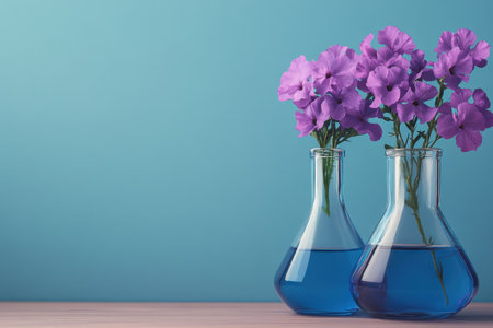 Two glass vases hold vibrant purple flowers in blue water, set against a soothing blue backdrop.の写真素材
