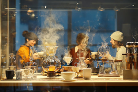 Friends enjoy specialty coffee brewing in a cozy cafe while steam fills the air and conversations flow.の写真素材