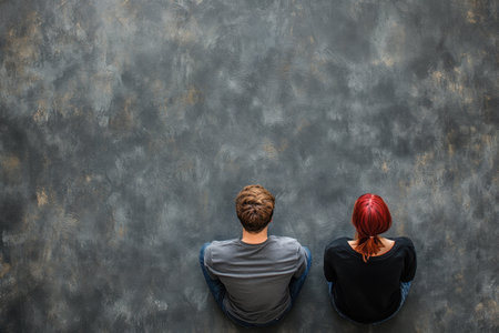 Two individuals with contrasting hair colors sit back to back on a textured surface, lost in thought.の写真素材