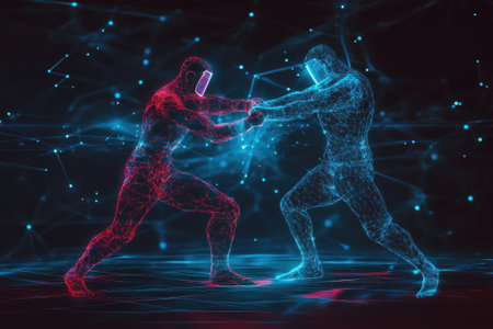 Two holographic fighters in red and blue clash in a digital combat arena filled with glowing particles.の写真素材