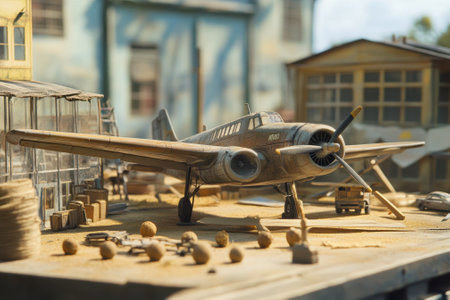 A meticulously crafted model aircraft is showcased in a small workshop with wooden and metal props.の写真素材