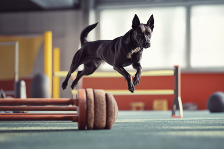 A black dog skillfully leaps over a wooden obstacle in an indoor training area designed for agility exercises.の写真素材