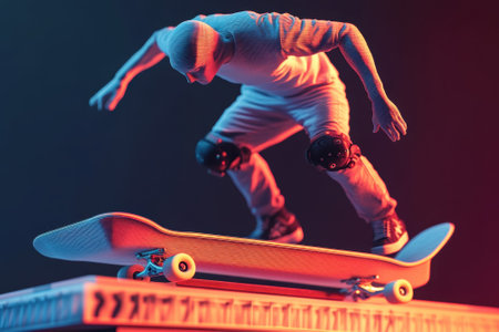 A skateboarder showcases impressive tricks on a vibrant ramp under dramatic lighting effects.の写真素材