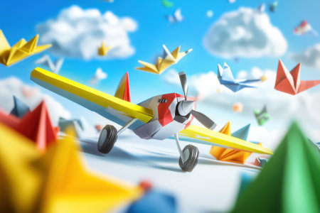 A vibrant paper airplane sits among colorful origami creations under a sunny sky with fluffy clouds.の写真素材