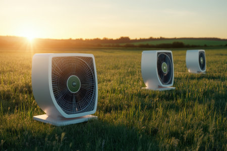 Three stylish electric fans stood in a lush green field as the sun sets, casting a warm, golden glow.の写真素材
