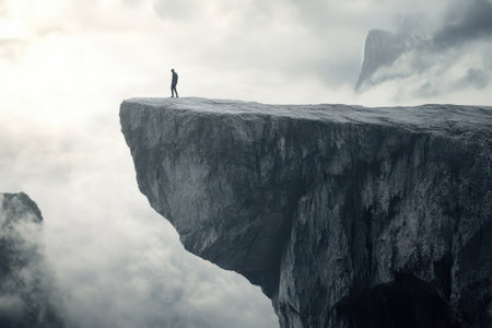 Mountaineer gazes into the distance from a rugged cliff edge, enveloped in mist and clouds during twilight.の写真素材