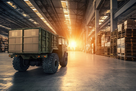 A sturdy truck navigates a spacious warehouse filled with stacked pallets during a beautiful sunset.の写真素材