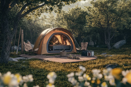 A cozy tent is set up in a peaceful forest clearing surrounded by trees and flowers.の写真素材