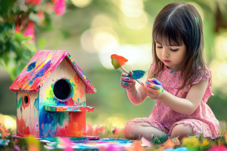 A little girl enjoys painting a vibrant birdhouse while sitting in a lush garden filled with flowers.の写真素材