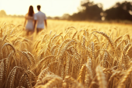 A couple strolls hand in hand through a wheat field as the sun sets, creating a peaceful atmosphere.の写真素材