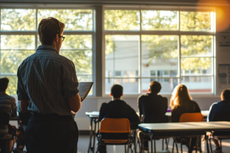 A teacher stands at the front of the classroom while students listen attentively during afternoon sunlight.の写真素材