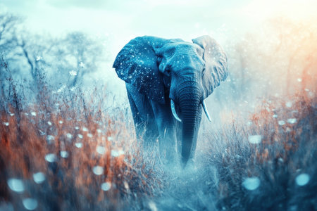 An elephant strolls through a foggy landscape at sunrise, emerging from lush grasses and flowers.の写真素材