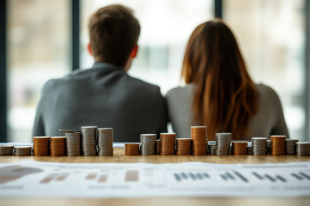 A couple sits together, reviewing financial charts and stacks of coins on a wooden table in natural light.の写真素材