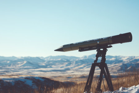 A missile launcher stands on a snowy hill overlooking a vast mountain range under a clear sky at dawn.の写真素材