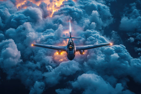An aircraft navigates through thick, dark clouds lit by flames, creating a striking contrast at dusk.の写真素材