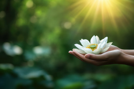A serene moment captures a person holding a white lotus flower, basking in sunlight amidst a lush background.の写真素材