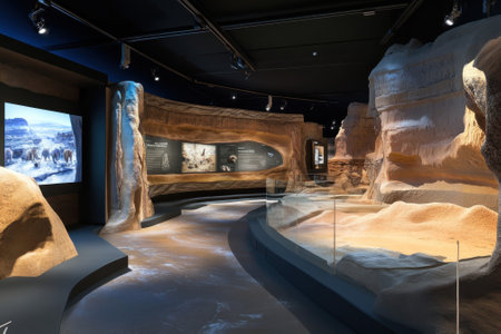 Visitors engage with an immersive exhibit showcasing ancient landscapes and wildlife inside a museum.の写真素材