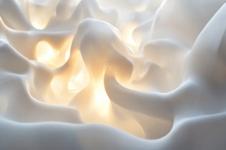 Soft white textures twist and turn, illuminated by a gentle golden light, creating an ethereal feel.の写真素材