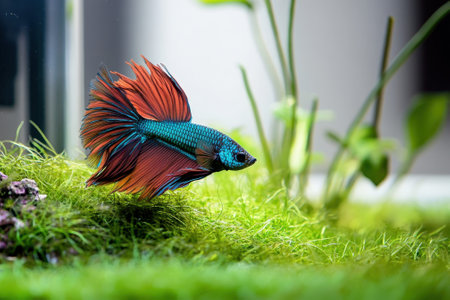 A vibrant betta fish showcases its colorful fins while swimming through a lush, planted aquarium environment.の写真素材