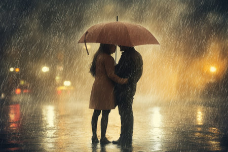 A couple shares a tender moment while staying dry under an umbrella in a rainy urban setting.の写真素材