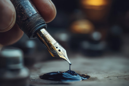 A hand holds a fountain pen as it drips dark ink onto a rustic wooden surface in a warm setting.の写真素材