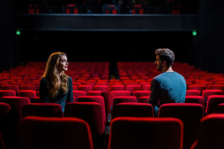 Two people sit in a nearly empty theater, enjoying each other's company before the show starts.の写真素材