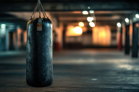 A heavy punching bag hangs in a dimly lit gym, evoking a focused, industrial atmosphere.の写真素材