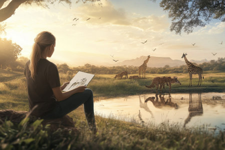 A woman sits peacefully by a water body, sketching wildlife as giraffes and leopards roam nearby during sunset.の写真素材