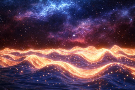 Glowing waves undulate across the surface as cosmic colors fill the night sky with stars and vibrant hues.の写真素材