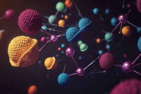 Vibrant strands and spheres represent complex molecular structures in a dark, atmospheric setting.の写真素材