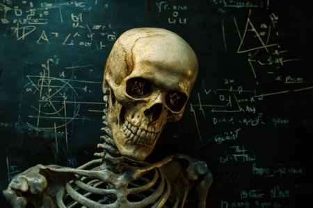A human skeleton poses in front of a chalkboard filled with complex mathematical equations and symbols.の写真素材