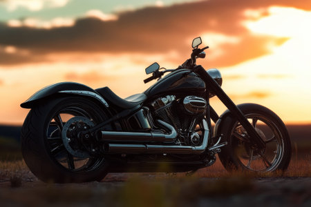 A powerful motorcycle rests on a scenic landscape during sunset, showing its elegant design.の写真素材