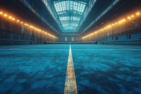 The spacious indoor tennis court features a vibrant blue surface and bright overhead lights glowing softly.の写真素材