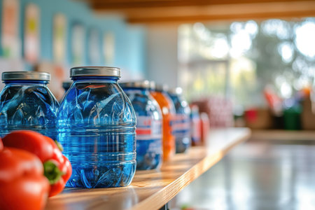 Bright jars filled with various foods and fresh peppers are neatly arranged on a table inside a center.の写真素材