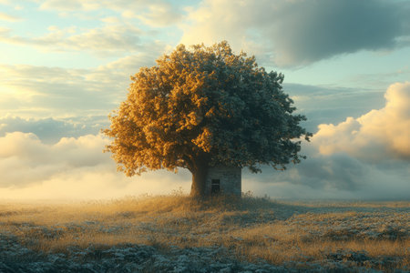 A grand tree with vibrant leaves dominates a peaceful field as the morning sun illuminates the surroundings.の写真素材