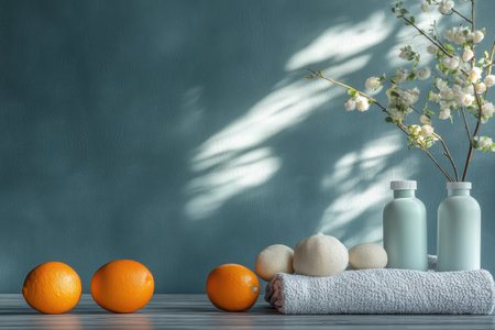 A serene spa arrangement features oranges, towels, and soothing decor with a calming blue backdrop.の写真素材