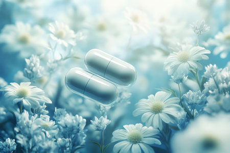 A pair of white capsules rest gently amid blooming daisies, creating a tranquil nature backdrop.の写真素材