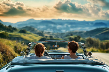 Two friends enjoy a scenic drive in a convertible, surrounded by rolling hills and mountain vistas at sunset.の写真素材