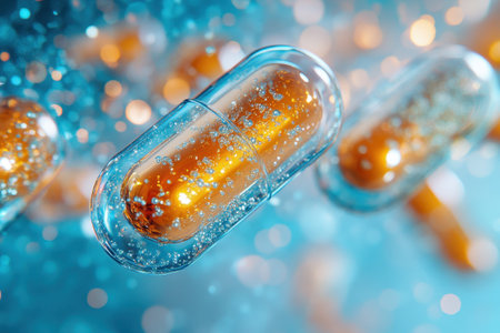 Bursting capsules in shades of orange and blue create a vibrant, eye-catching visual effect.の写真素材