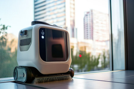 A smart cleaning robot navigates a sleek office space near large windows while cleaning the floor.の写真素材
