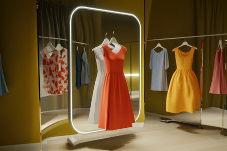 Brightly colored dresses hang beautifully in a contemporary boutique, showcasing a variety of styles and hues.の写真素材