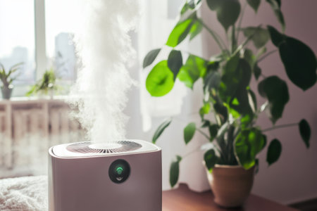 A humidifier emits a steady stream of steam in a bright room filled with greenery and natural light.の写真素材