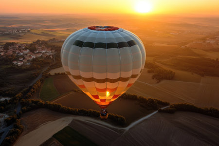 A vibrant hot air balloon soars above expansive fields during sunset, capturing the beauty of the landscape.の写真素材