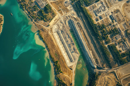 Aerial view of a construction site beside a river, featuring a large dam and nearby industrial structures.の写真素材
