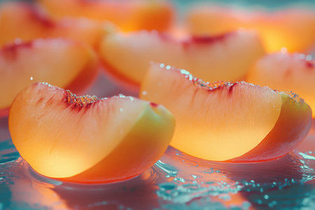 Fresh peach slices shine on a reflective surface, glowing softly and artfully arranged.の写真素材