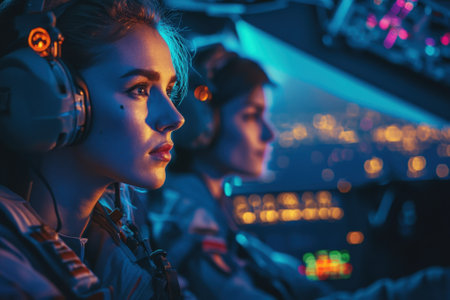 Two skilled female pilots intensely focus on flying their aircraft while colorful lights illuminate the cockpit.の写真素材