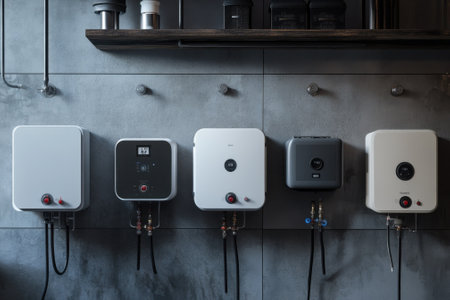 Five sleek water heaters displayed on a minimalistic wall with a modern industrial design ambiance.の写真素材